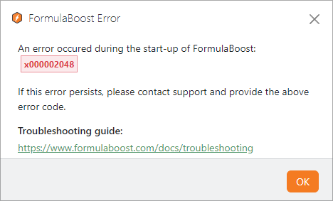 FormulaBoost Error Dialog